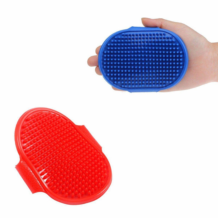 Two oval bath gloves, one blue and one red, made of textured silicone, shown with a hand holding the blue glove.