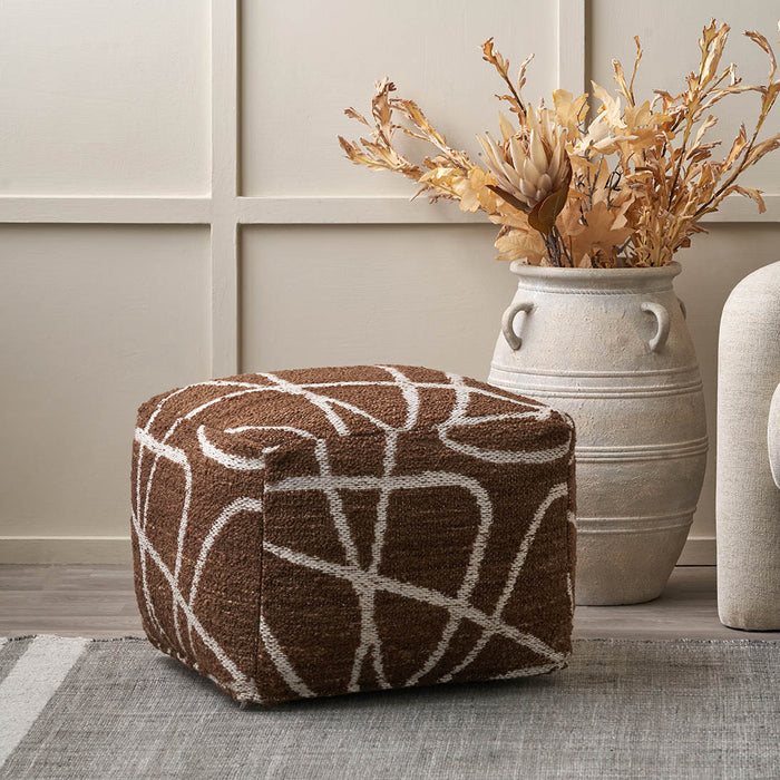 Indoor Outdoor Chocolate Brown and White Abstract Swirl Design Pouffe