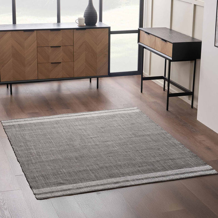 Indoor Outdoor Steel Grey and White Stripe Design Rug