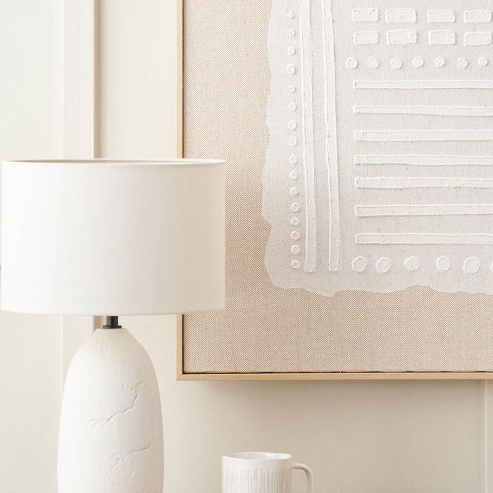 Inga White and Natural Abstract Design Linen Canvas with Elm Effect Frame