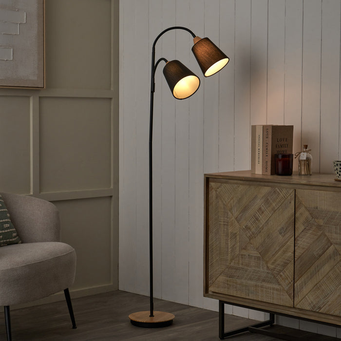 Jaya Black and Natural Wood Two Head Floor Lamp