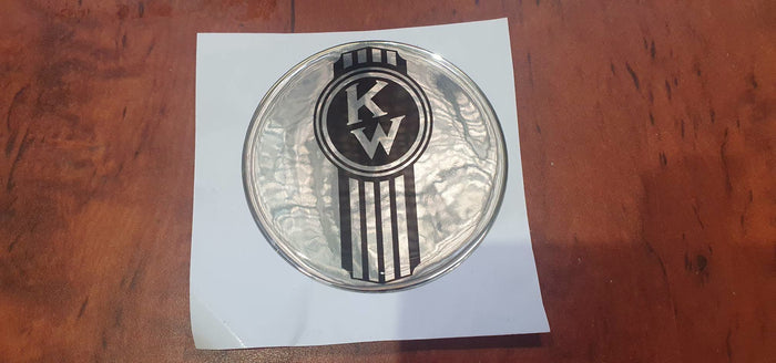 KENWORTH crooked KW round epoxy domed vinyl skin on chrome 'metal'