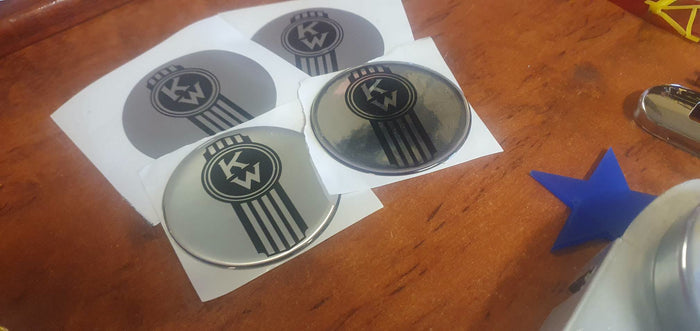 KENWORTH crooked KW round epoxy domed vinyl skin on chrome 'metal'