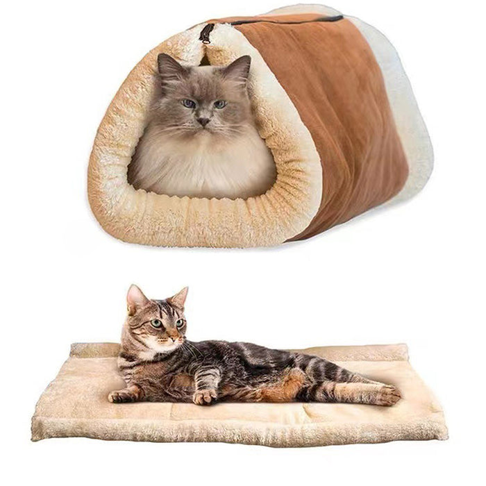 A cozy brown tunnel bed with a soft beige mat featuring a cat lounging on the mat and another inside the tunnel.