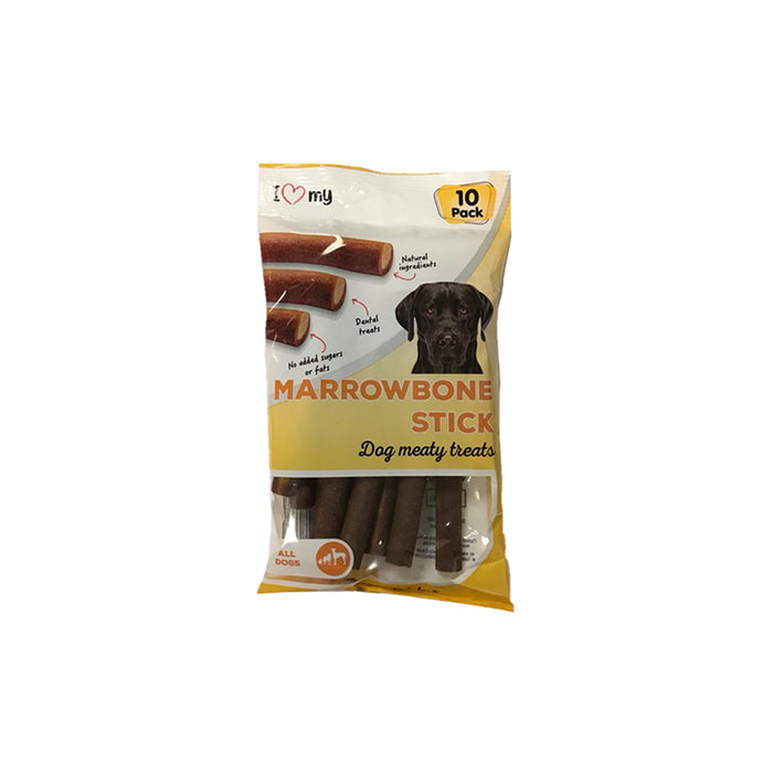 Brown marrowbone dog treats in a clear package with yellow and white branding, featuring a dog graphic and 10 count label.