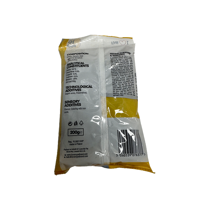Brown and yellow packaging containing a 10-pack of marrowbone treats, showcasing nutritional information on the back.