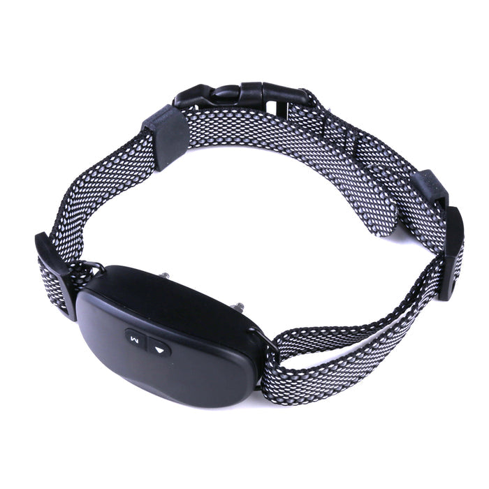 Rechargeable anti-bark collar featuring a black control unit and a breathable mesh strap, designed for comfort and function.