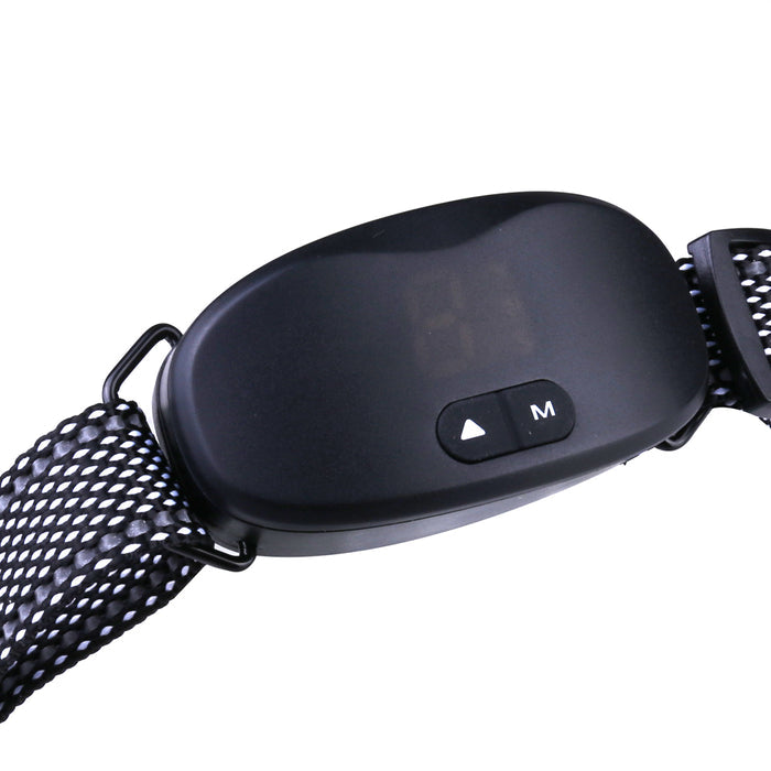 A black rechargeable anti-bark collar with a mesh strap and control buttons, displayed at an angle.