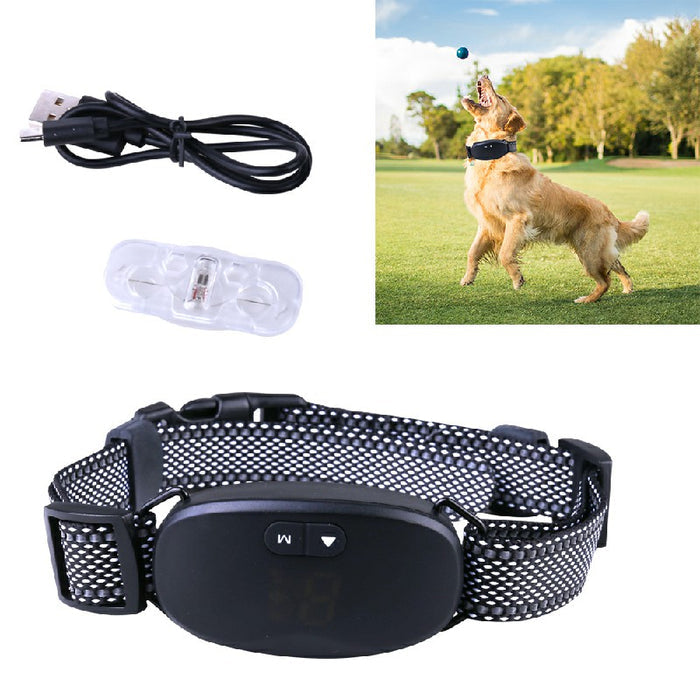 Rechargeable anti-bark collar in black with a mesh strap, includes charging cable and battery holder, shown with a dog.