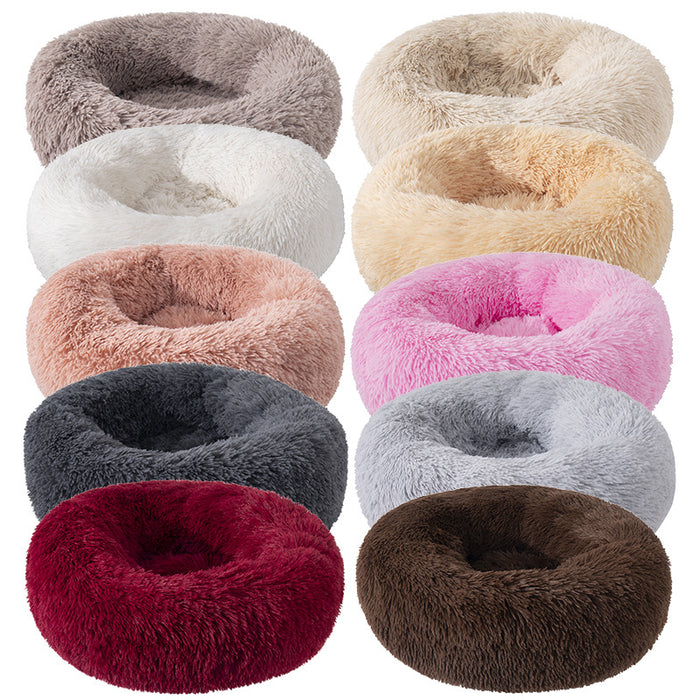 A variety of plush round pet beds in different colors, showcasing soft, fluffy materials arranged in a grid layout.