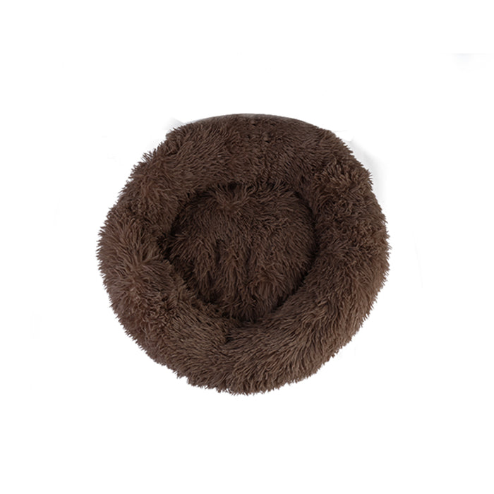 Round plush pet bed in a rich brown color with soft, shaggy fabric for comfort, displayed on a white background.