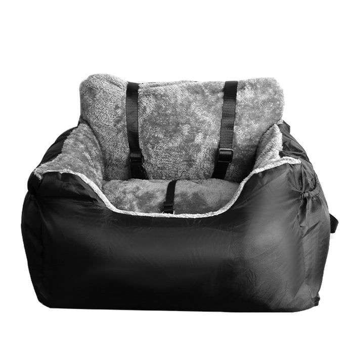 Cozy black pet car booster seat with plush gray interior and adjustable straps for safety.