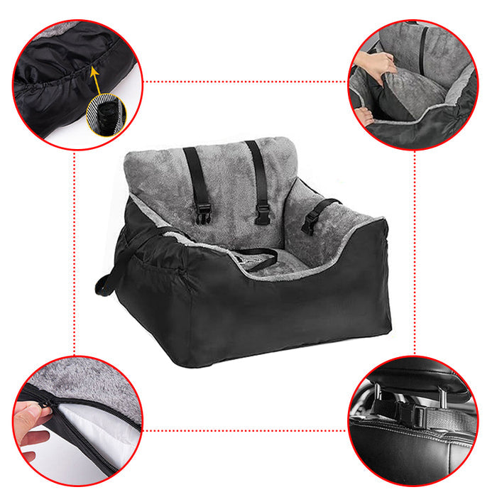 A plush pet car booster seat in black with a soft gray interior, featuring safety straps and a zippered compartment.