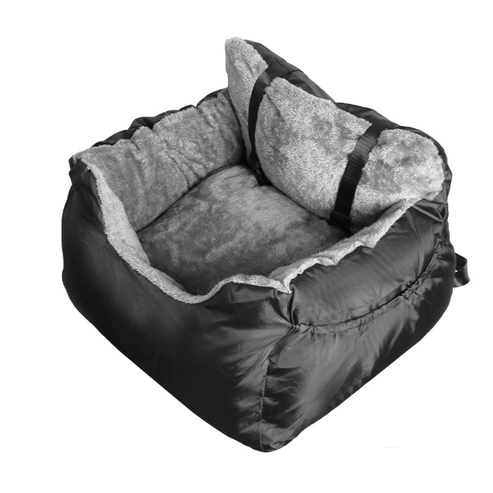 Cozy black pet car booster seat with soft gray lining and supportive backrest, ideal for travel comfort.