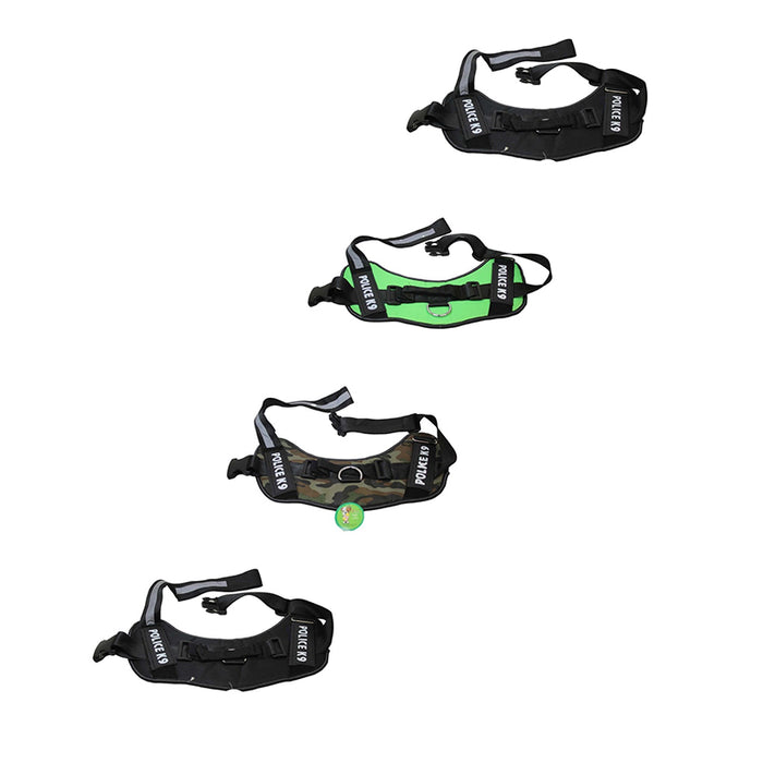 Four police-style harnesses for dogs in black, green, and camouflage, featuring adjustable straps and reflective details.