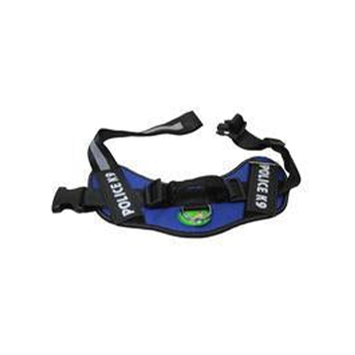 Blue police-style harness made of durable material, featuring adjustable straps and a safety buckle.
