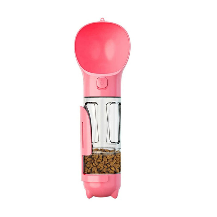 Portable pink water bottle featuring a clear food dispenser compartment for convenient pet feeding.