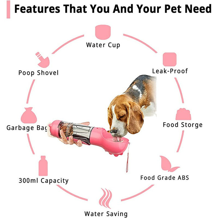 Compact pink portable water bottle with a food dispenser for pets, featuring a beagle drinking from it.