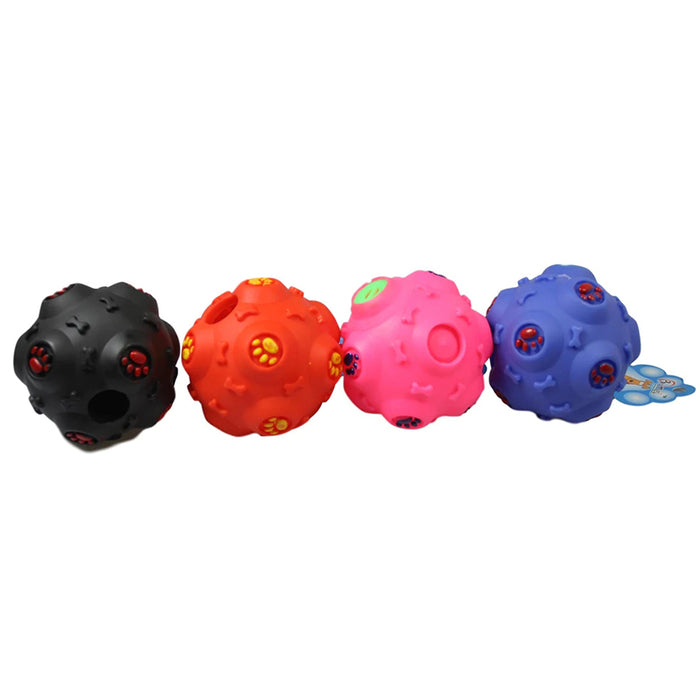 Four colorful puppy teeth cleaning balls in black, red, pink, and blue, made of durable rubber with textured surfaces.