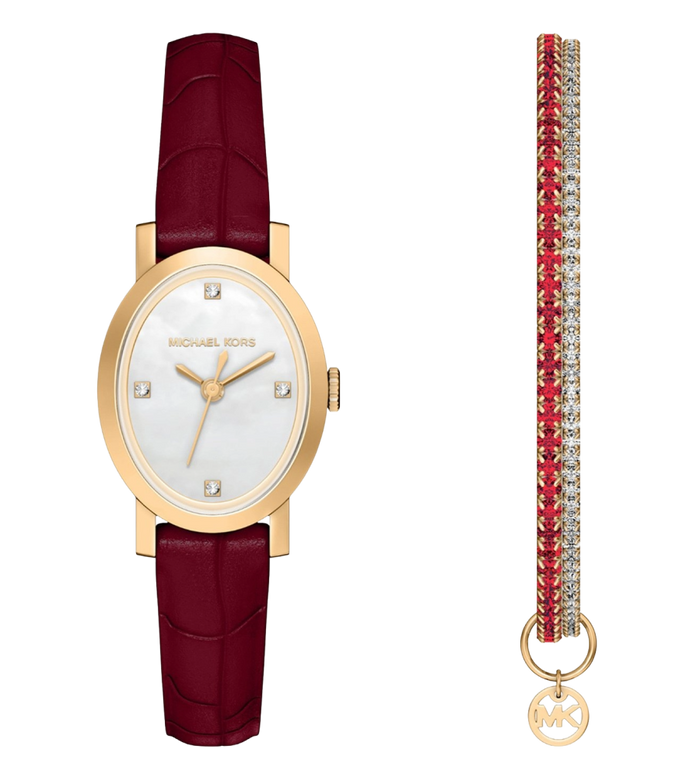Michael Kors Quartz Mother Of Pearl Dial Analog Leather Women's Watch, MK7570SET