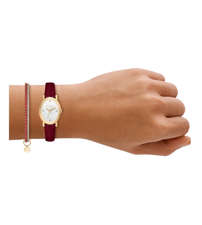 Michael Kors Quartz Mother Of Pearl Dial Analog Leather Women's Watch, MK7570SET