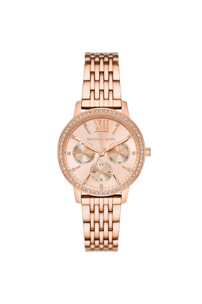 Michael Kors Quartz Rose Gold Dial Multi-Function Stainless Steel Women's Watch, MKO1081