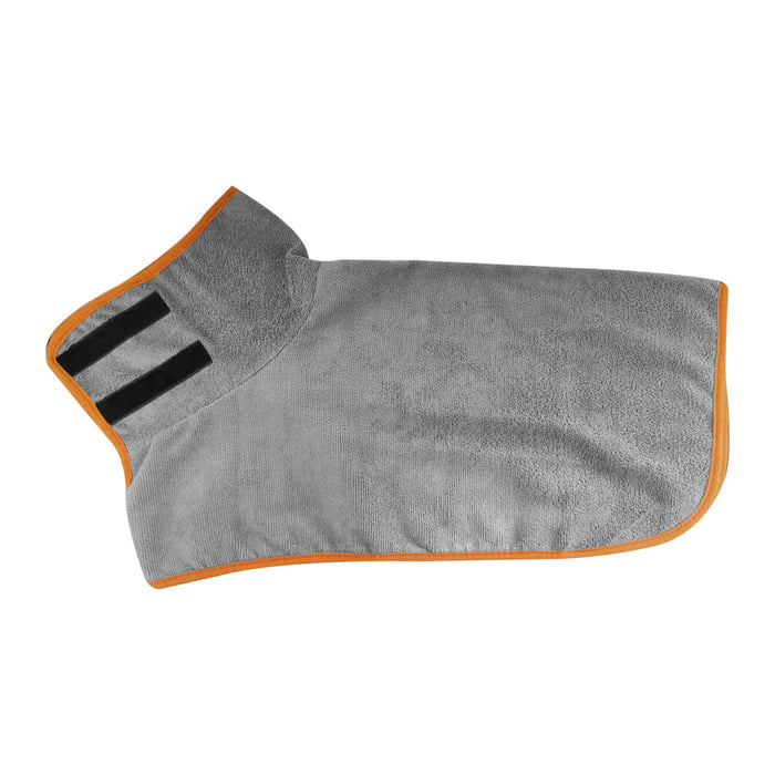 Grey microfiber dog bathrobe with orange trim, featuring a comfortable design and adjustable straps on the back.