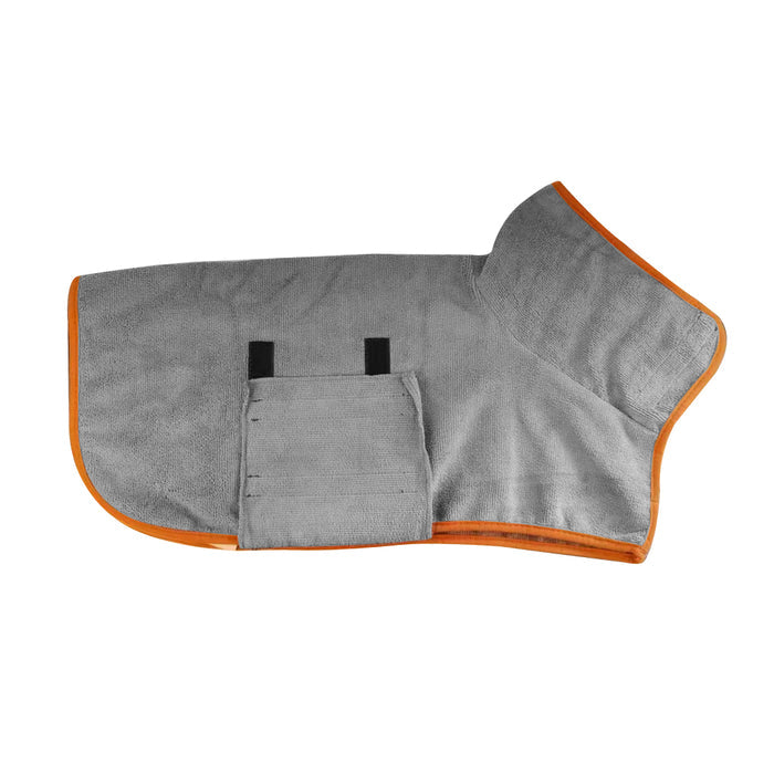 Gray microfiber dog bathrobe with orange trim, featuring a pocket and hook-and-loop fasteners.