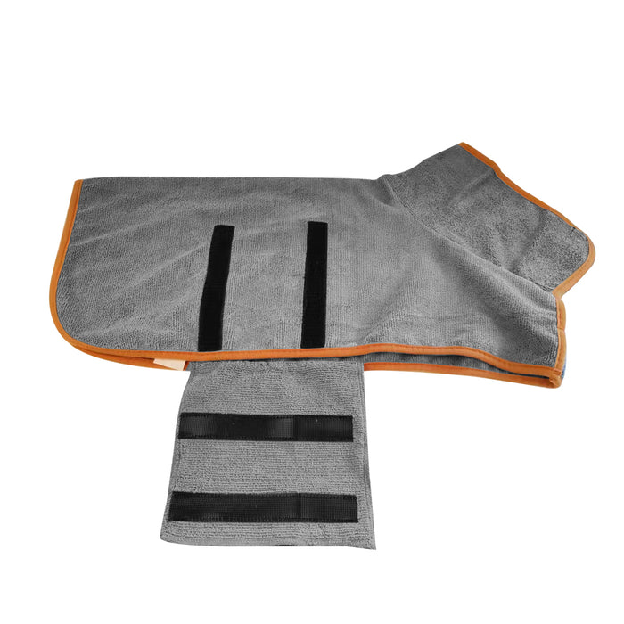 Gray quick-dry microfiber dog bathrobe with orange trim and adjustable Velcro straps for secure fit.