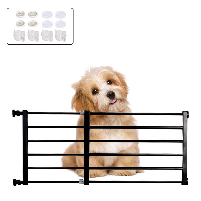 A black retractable pet safety gate with horizontal bars, displayed in front of a cute, light brown dog.
