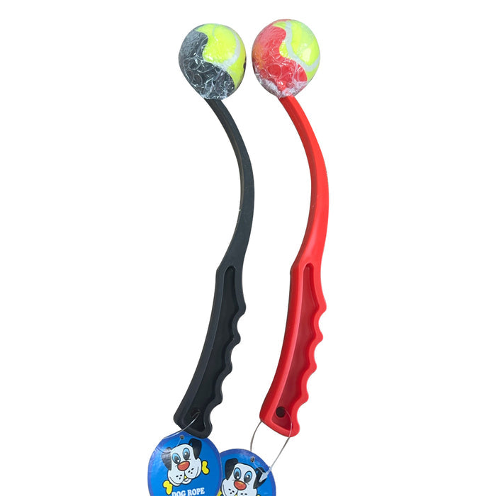 Two tennis ball launchers in black and red, featuring colorful tennis balls at the end, made of durable plastic.
