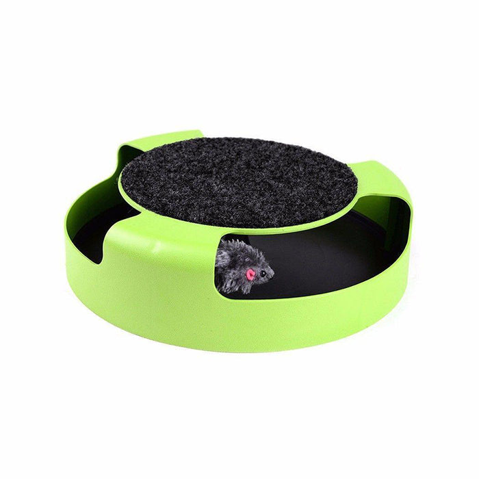 Bright green scratch board with a textured black surface and a hidden interactive mouse toy peeking out.