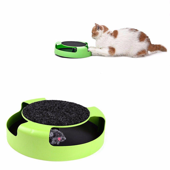 Bright green scratch board with a black textured top, featuring a playful mouse for interactive cat engagement.