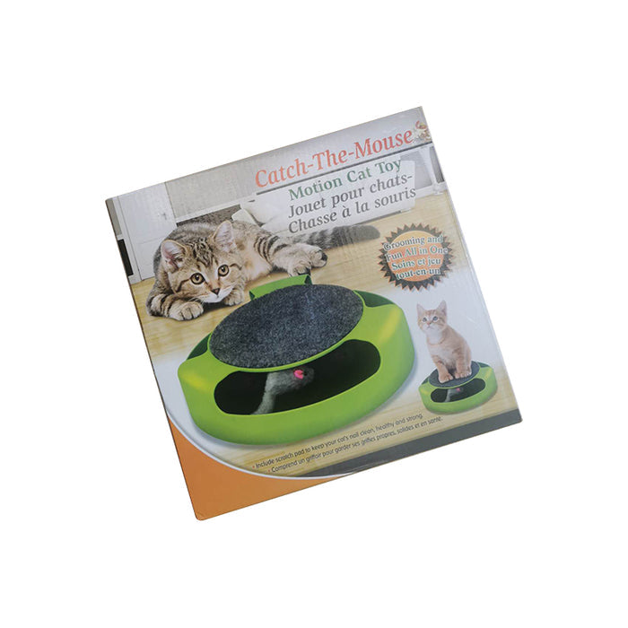 Interactive cat toy featuring a green scratch board with a felt top, shown with playful cats in a home setting.