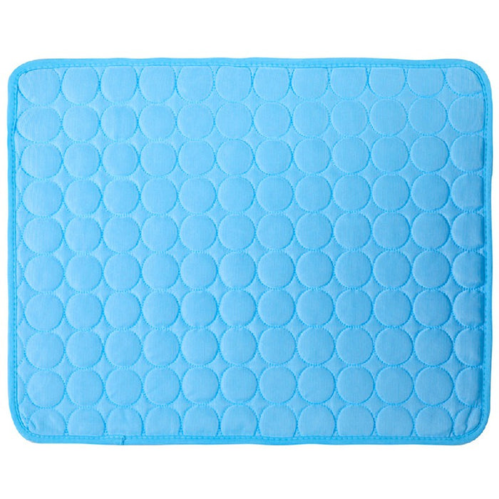A light blue self-cooling pet mat with a textured circular pattern, designed for comfort and heat relief.