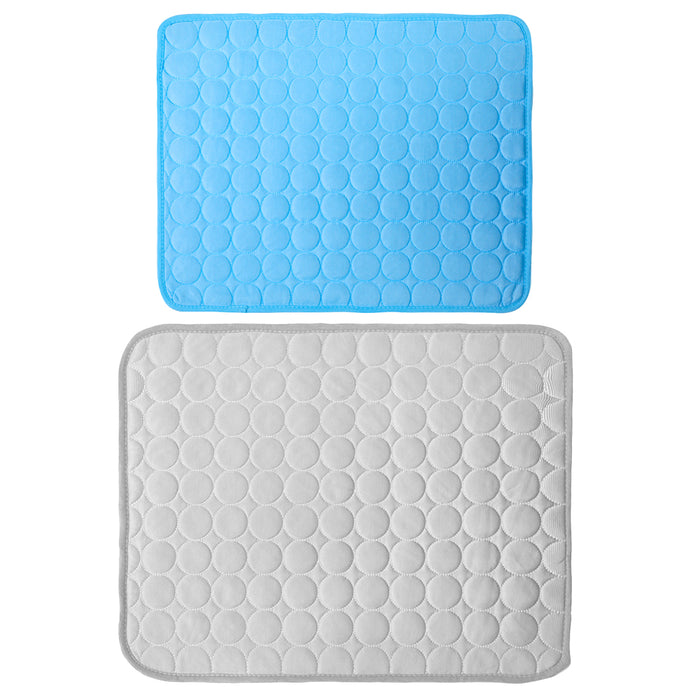 Two self-cooling pet mats, one blue and one gray, featuring a textured circular pattern on a soft fabric surface.