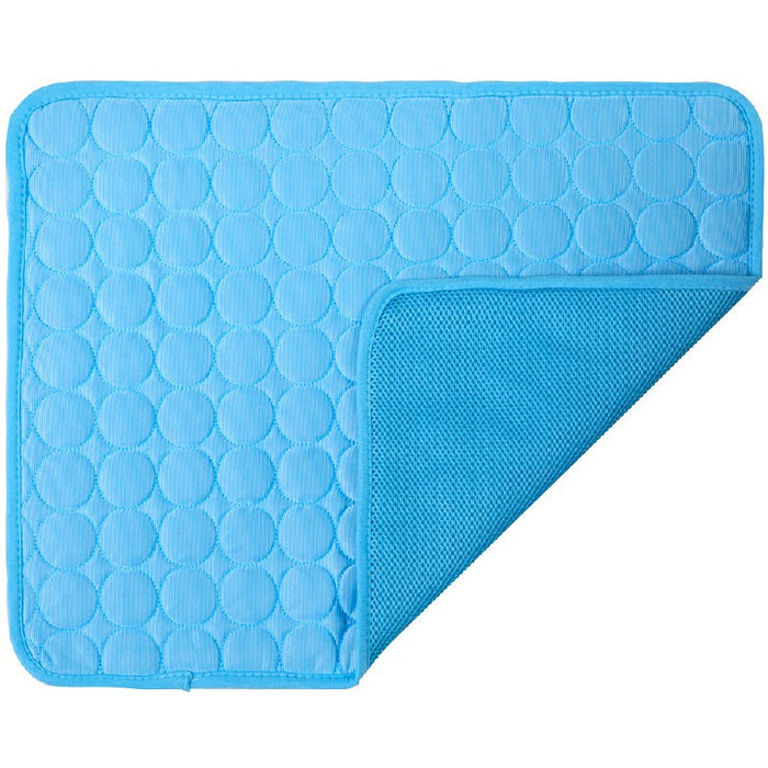 A light blue, textured self-cooling pet mat featuring a dotted surface and breathable mesh underside.