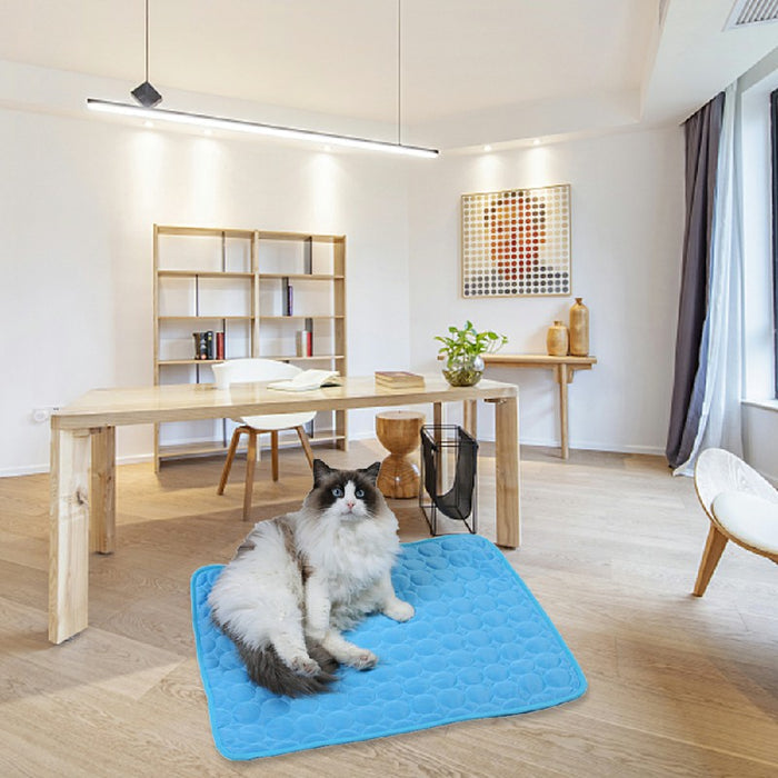 A light blue self-cooling pet mat is shown, with a fluffy cat resting on it in a modern, bright room.