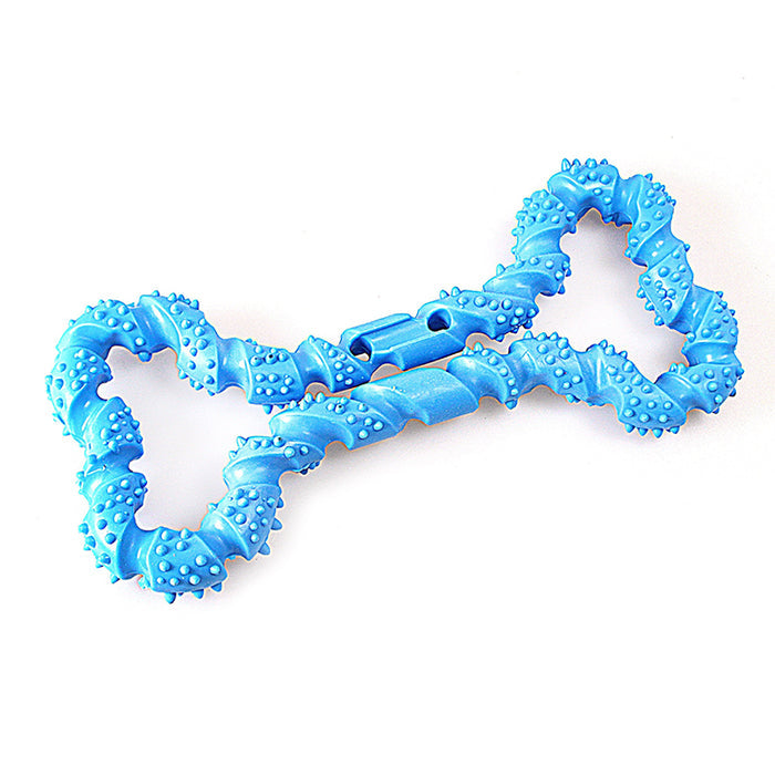 Bright blue silicone bone toy featuring a twisted design with textured surfaces for dogs to chew and play with.
