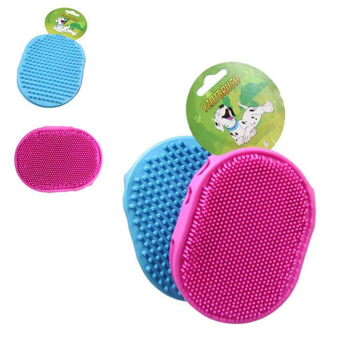 A double-sided silicone grooming brush featuring a blue side with soft bristles and a pink side with nubby texture.