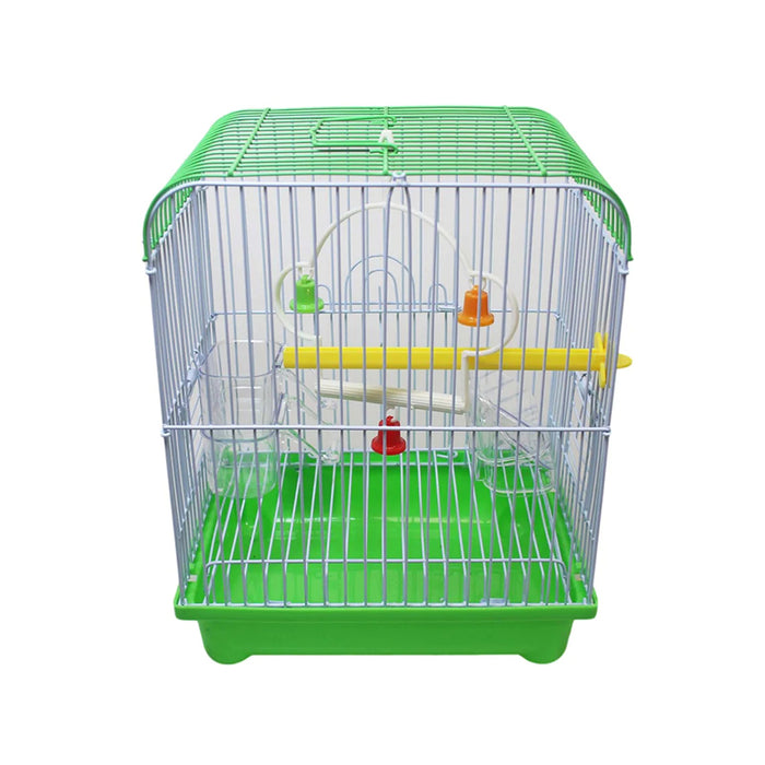 Small bird cage with a green base, metal bars, yellow perch, and colorful hanging toys inside.