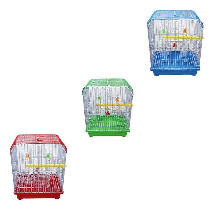 Small bird cages in red, green, and blue with a metal frame, plastic base, and colorful perches displayed together.