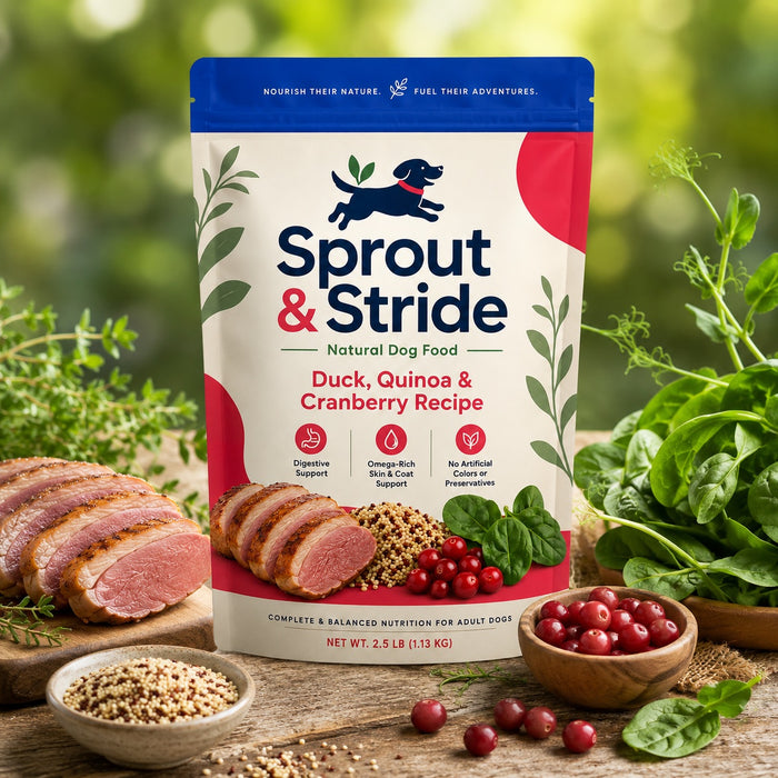 A colorful pouch of Sprout & Stride Duck, Quinoa & Cranberry dog food is placed next to sliced duck breast, quinoa, and fresh veggies.
