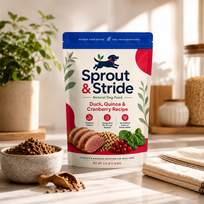 Natural dog food packaging featuring a blue top, vibrant red accents, and images of duck, quinoa, and cranberries.