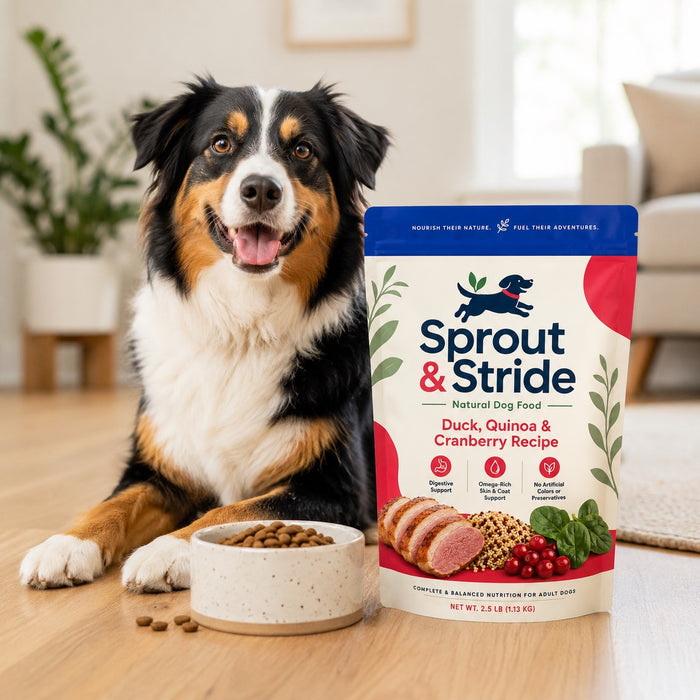 Natural dog food bag featuring duck, quinoa, and cranberry, with a friendly dog and a bowl of kibble on a wooden floor.