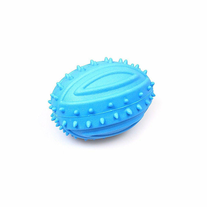 Bright blue rugby-shaped squeaky ball toy for dogs, made of soft rubber with a spiky texture for added grip and fun.