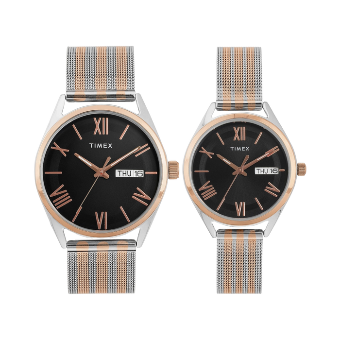 Timex Trendline Black Round Dial Analog Pair Watch, TW00PR351