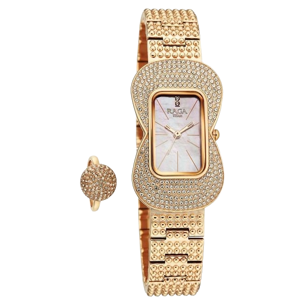 Titan Raga Glimmers Quartz Analog Pink Mother Of Pearl Dial Rose Gold Metal Strap Women's Watch, 95340WM01