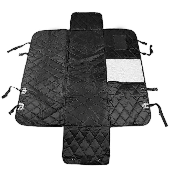 Waterproof black car seat cover with a quilted texture, featuring adjustable straps and a small storage pocket.
