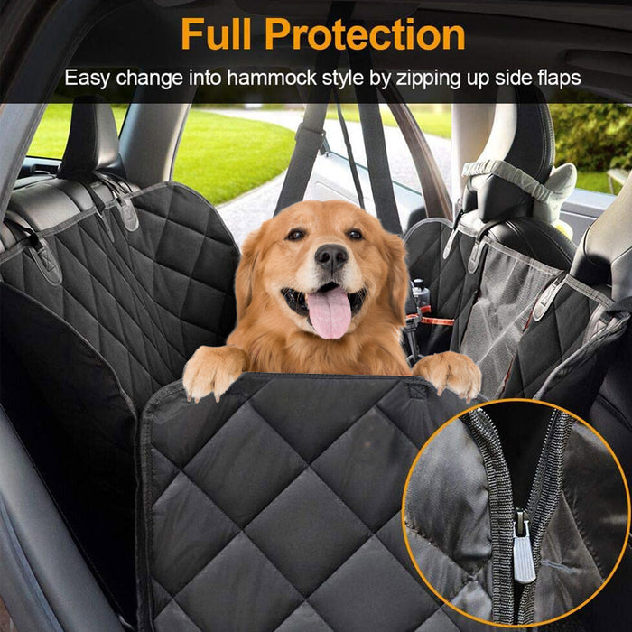 Black quilted waterproof car seat cover shown in a vehicle, featuring a dog peeking from behind, highlighting its zipper feature.